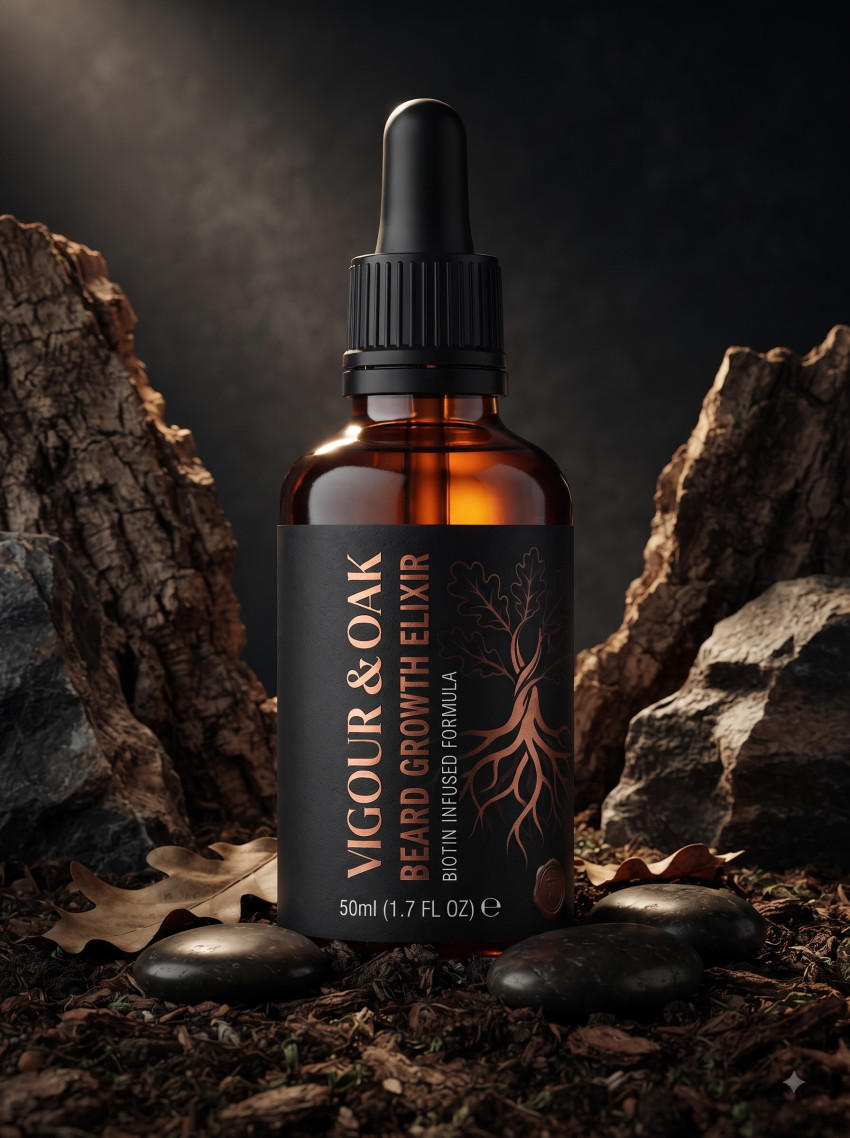Men Grooming Beard Growth Serum AI Product Photography Prompt Forest Rustic Backdrop - Example 1