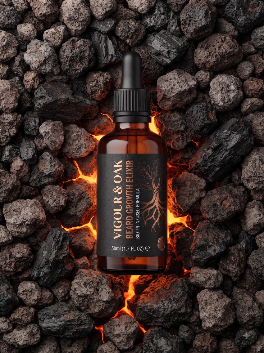 Men Skincare Beard Serum AI Product Photography Prompt Volcanic Charcoal Aesthetic - Example 1