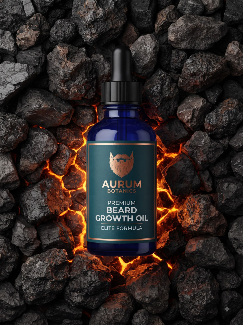 Men Skincare Beard Serum AI Product Photography Prompt Volcanic Charcoal Aesthetic - Example 2