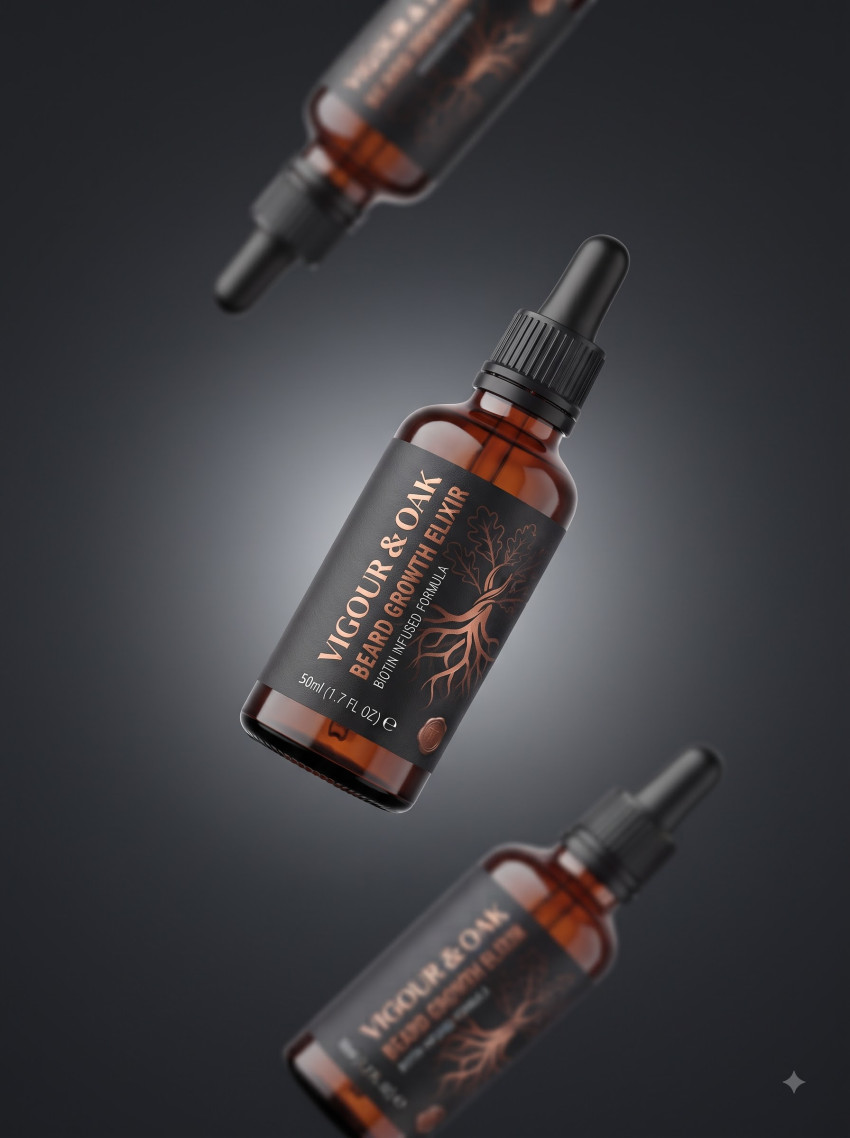 Dynamic Levitation Beard Growth Serum AI Product Photography Prompt Minimalist Studio - Example 1