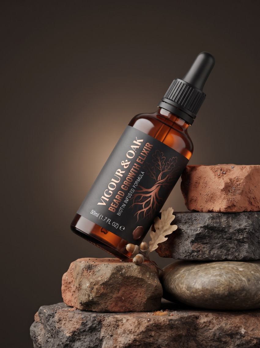 Organic Skincare Beard Serum AI Product Photography Prompt Earthy Stone Pedestal - Example 1