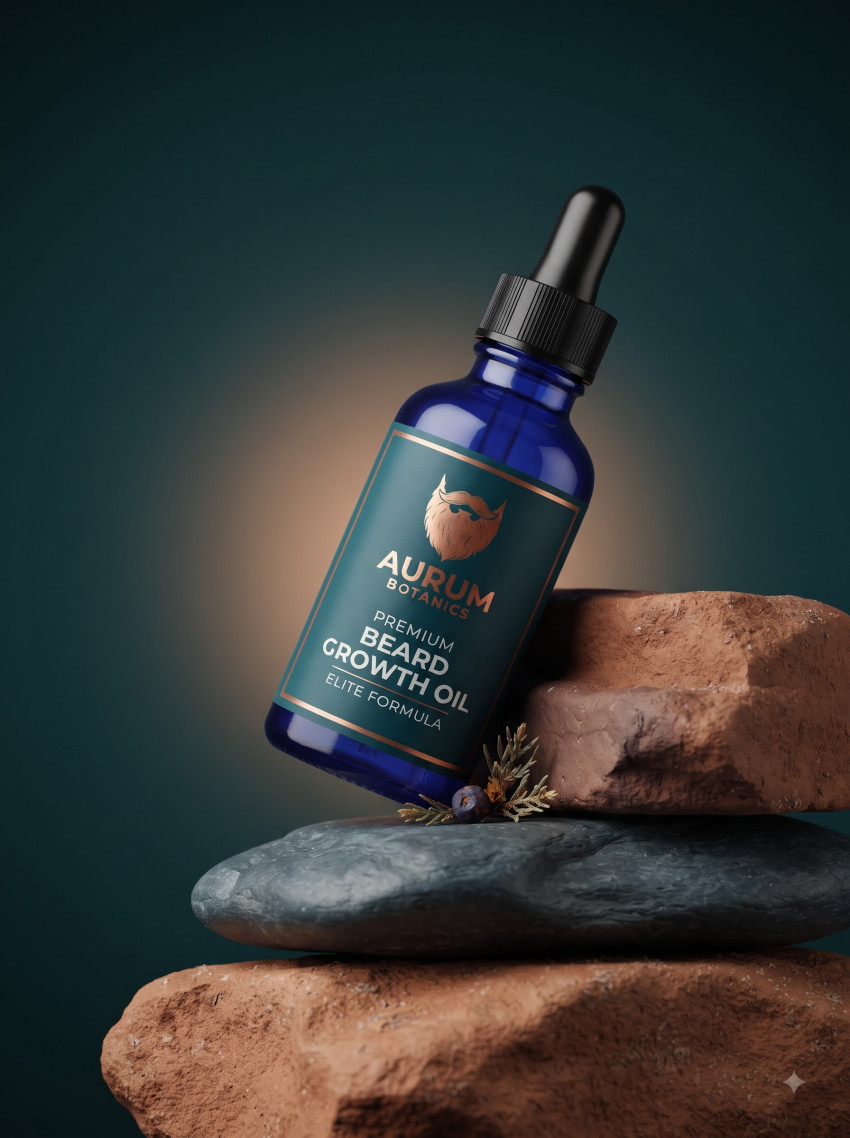Organic Skincare Beard Serum AI Product Photography Prompt Earthy Stone Pedestal - Example 2