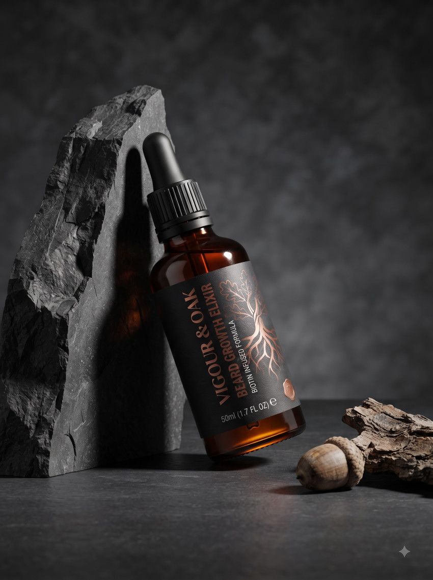 Dark Luxury Beard Growth Serum AI Product Photography Prompt Slate Monolith Set - Example 1