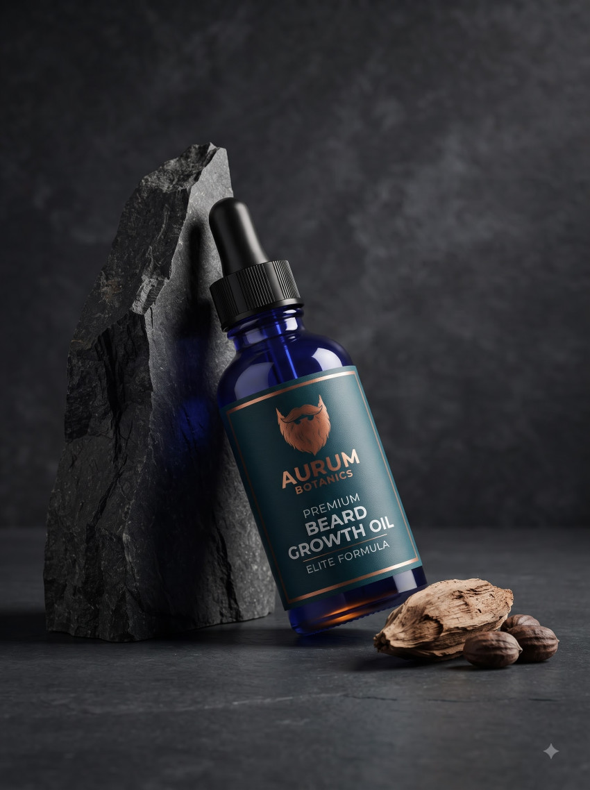 Dark Luxury Beard Growth Serum AI Product Photography Prompt Slate Monolith Set - Example 2