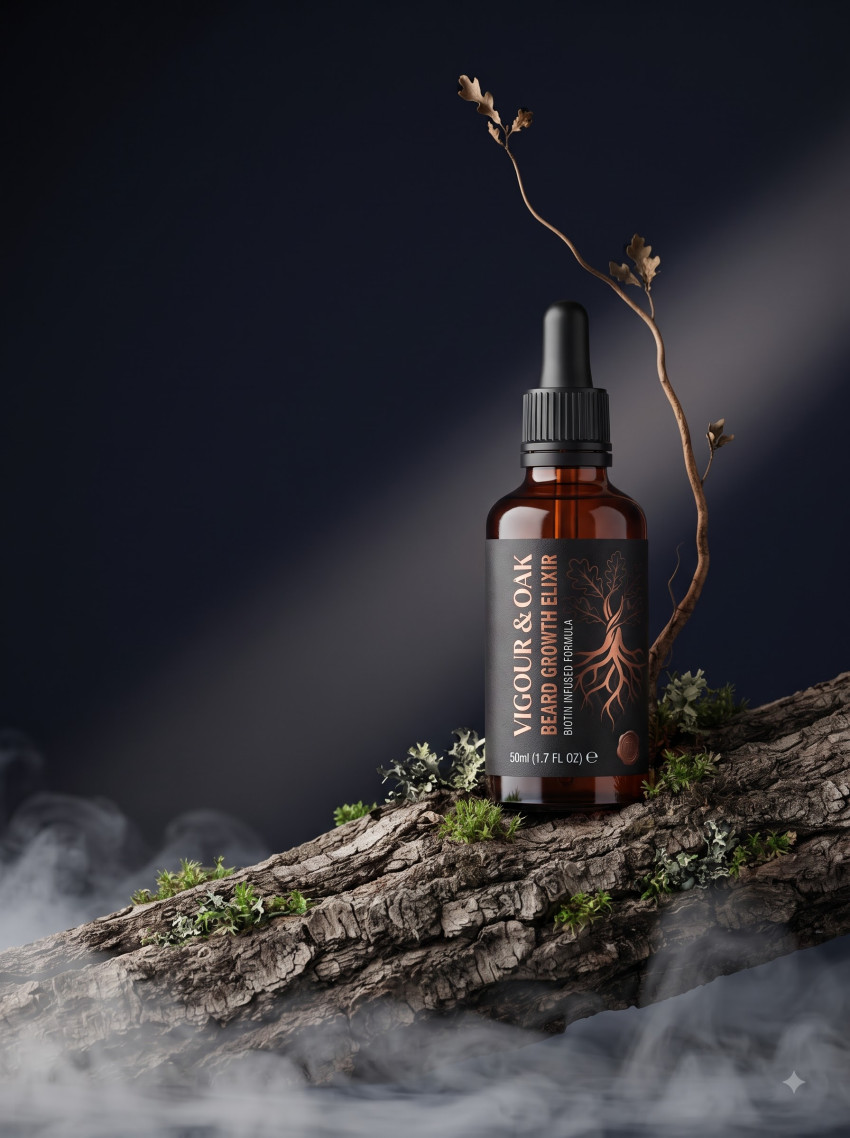 Ethereal Forest Beard Serum AI Product Photography Prompt Misty Botanical Display - Example 1