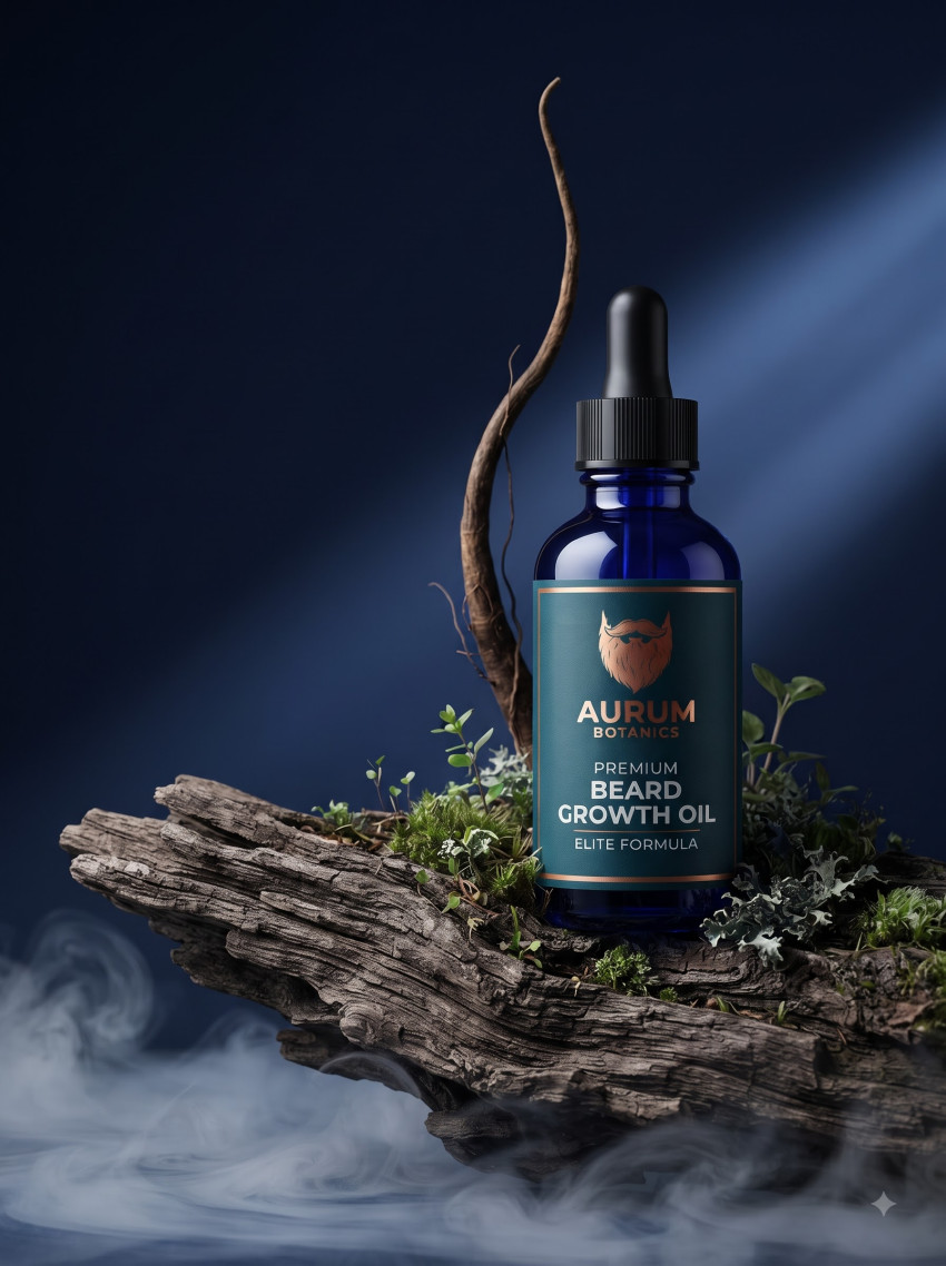 Ethereal Forest Beard Serum AI Product Photography Prompt Misty Botanical Display - Example 2