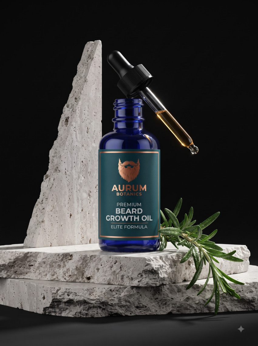 Architectural Travertine Beard Serum AI Product Photography Prompt Golden Dropper Action - Example 2