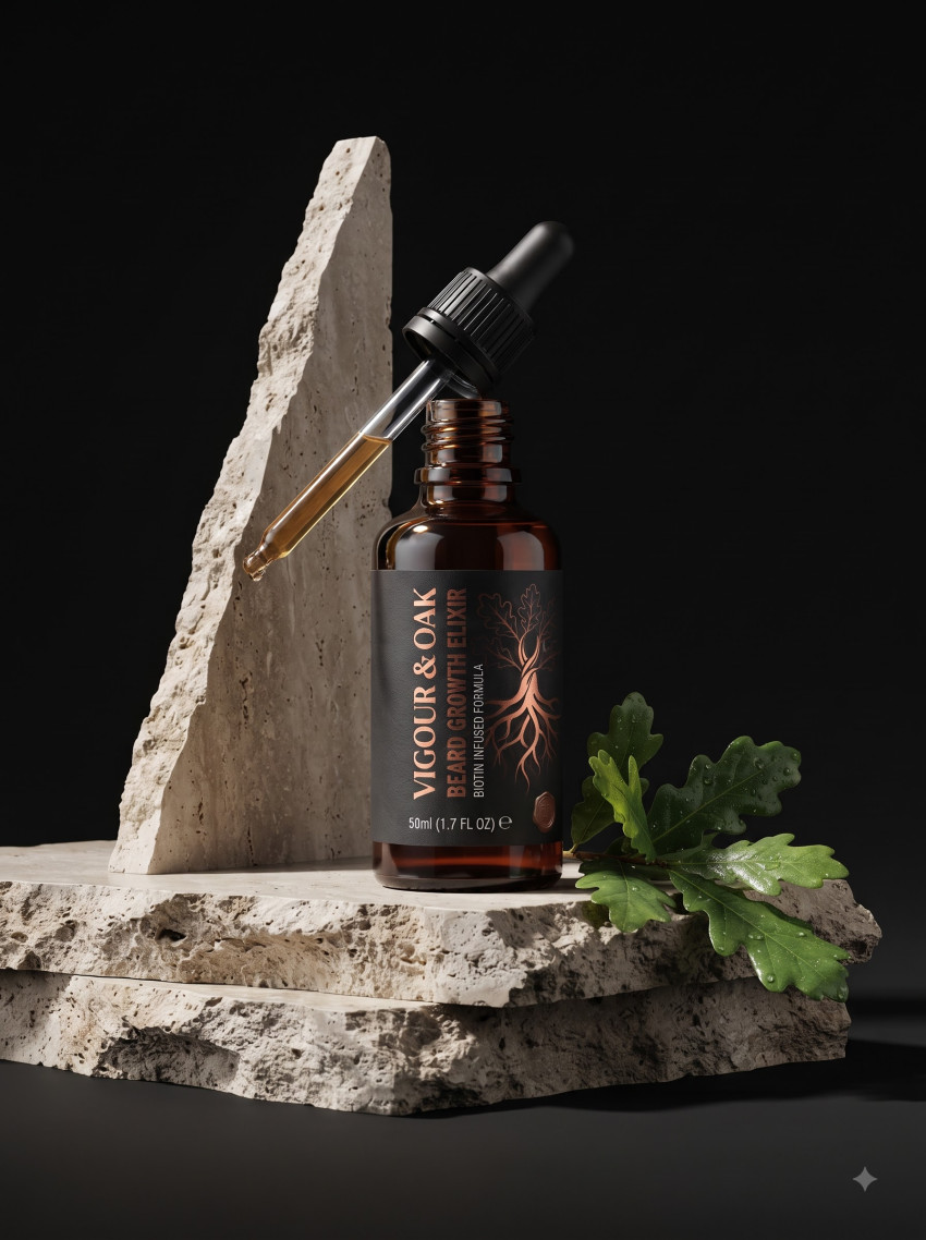 Architectural Travertine Beard Serum AI Product Photography Prompt Golden Dropper Action - Example 1