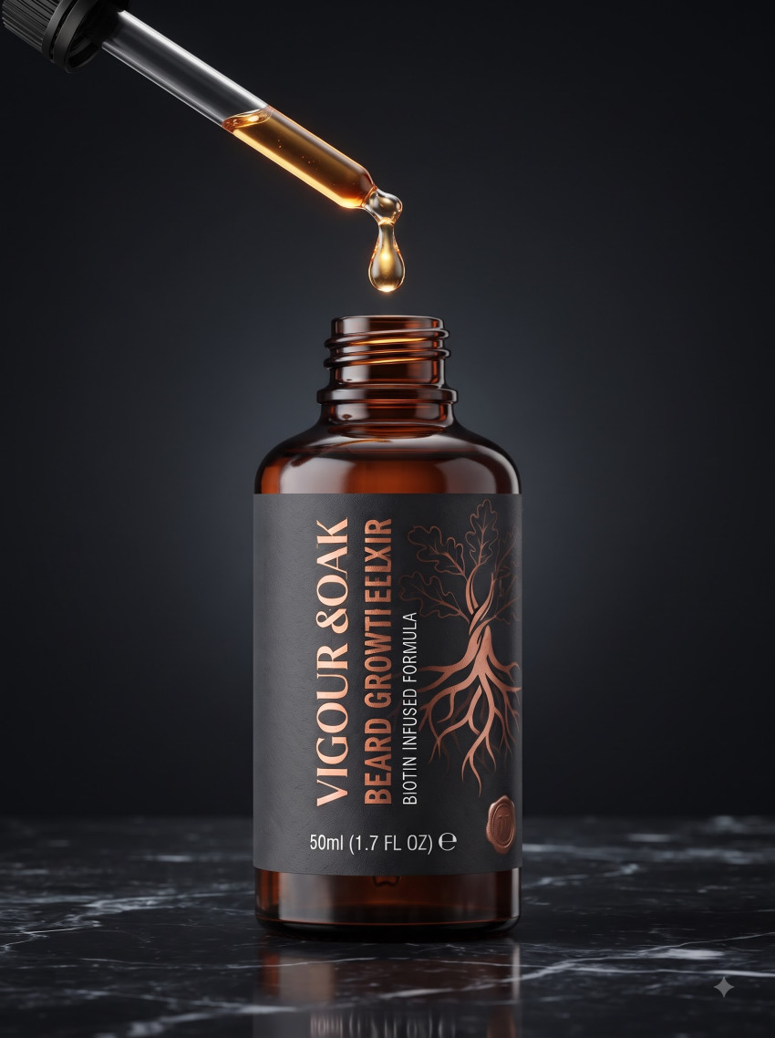 Macro Action Beard Serum AI Product Photography Prompt Floating Droplet Detail - Example 1