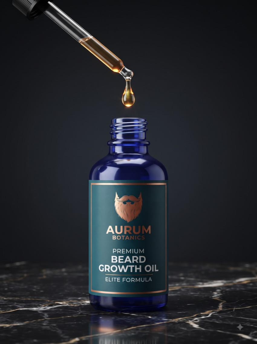 Macro Action Beard Serum AI Product Photography Prompt Floating Droplet Detail - Example 2