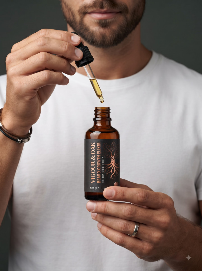 Men Lifestyle Grooming Beard Serum AI Product Photography Prompt Hands-On Model Demo - Example 1