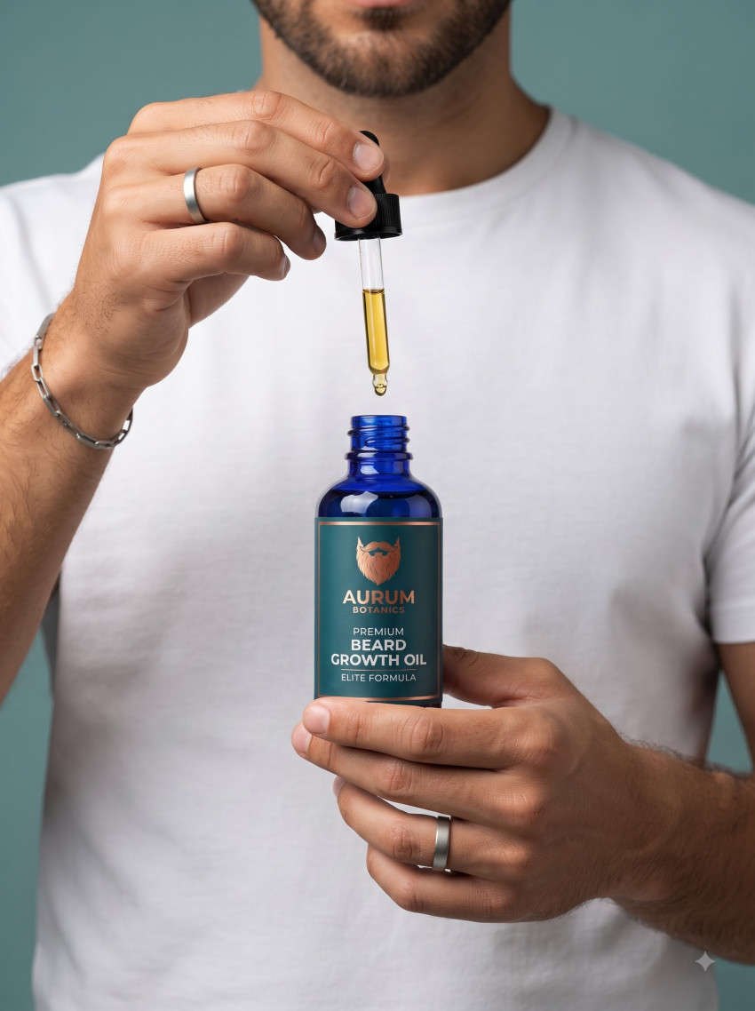 Men Lifestyle Grooming Beard Serum AI Product Photography Prompt Hands-On Model Demo - Example 2
