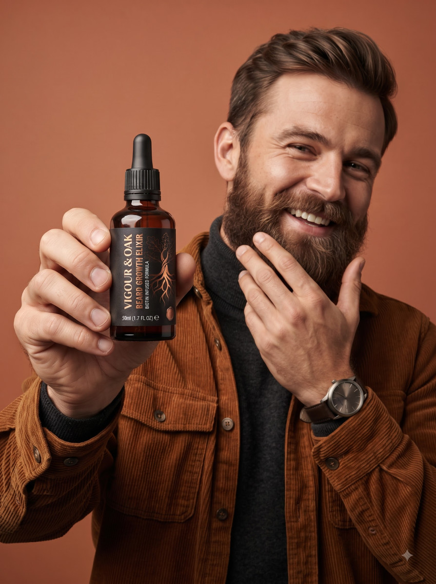 Authentic Men Lifestyle Beard Serum AI Product Photography Prompt Cheerful Beard Portrait - Example 1