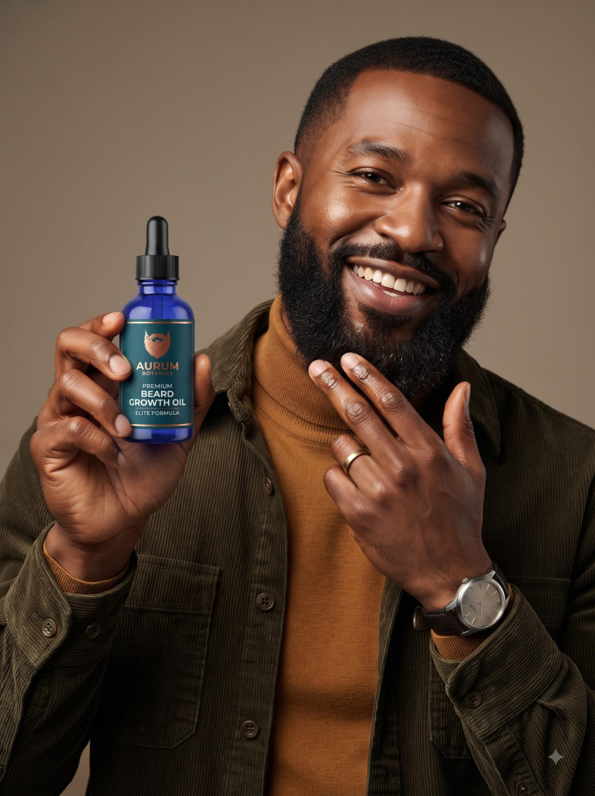 Authentic Men Lifestyle Beard Serum AI Product Photography Prompt Cheerful Beard Portrait - Example 2