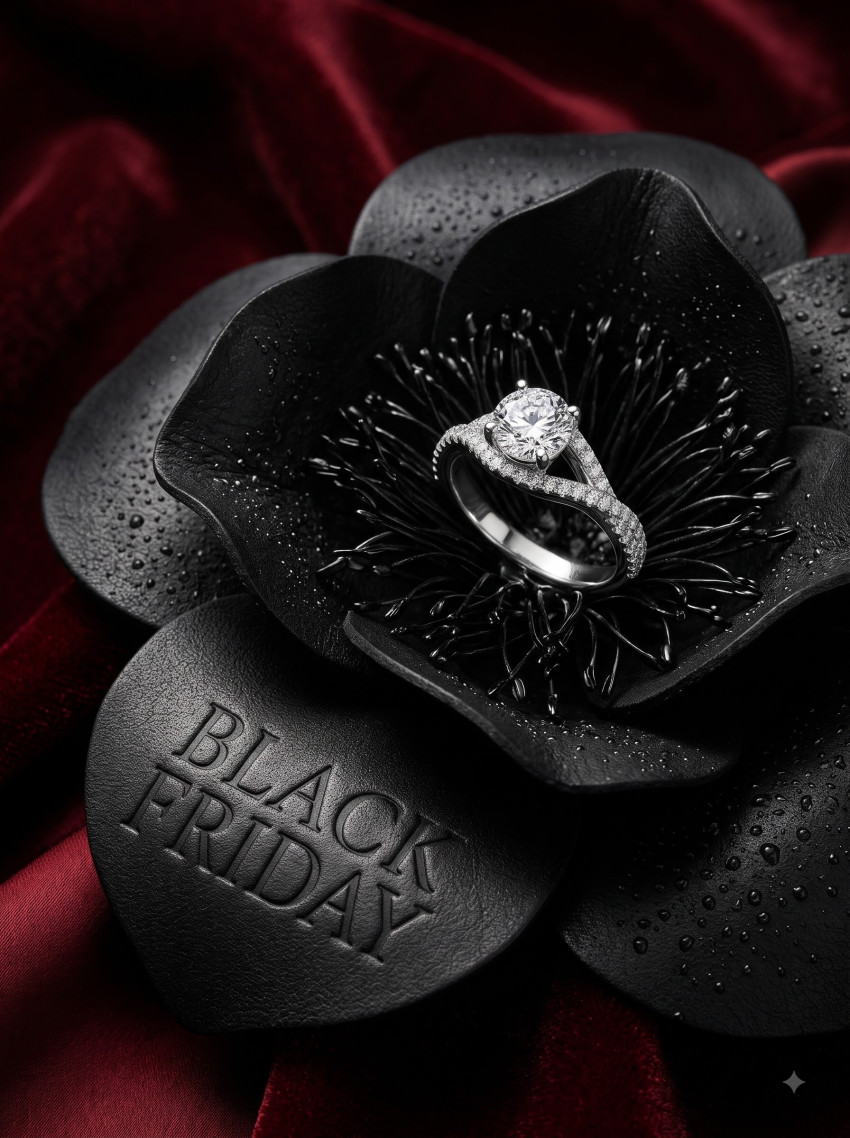Editorial Jewelry AI Product Photography Prompt Black Friday Diamond Ring Leather Flower - Example 1