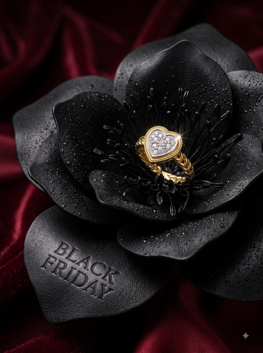 Editorial Jewelry AI Product Photography Prompt Black Friday Diamond Ring Leather Flower - Example 2