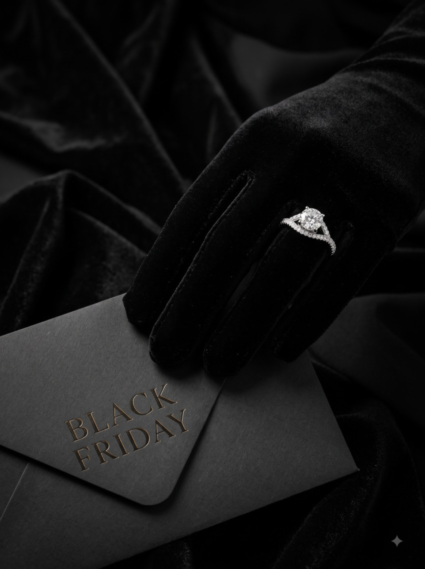 High-End Jewelry AI Product Photography Prompt Black Friday Diamond Ring Black Velvet - Example 1