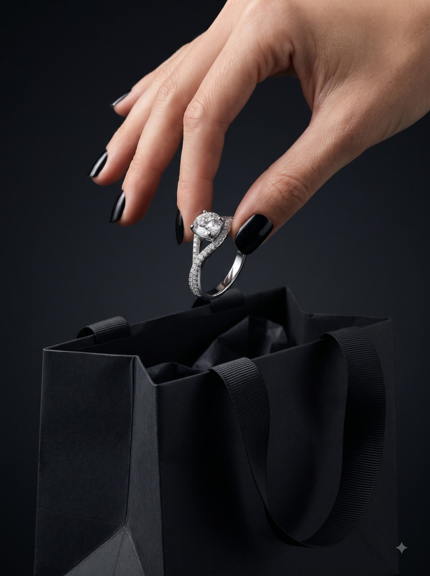 Commercial Advertising AI Product Photography Prompt Black Friday Diamond Ring Shopping Bag - Example 1