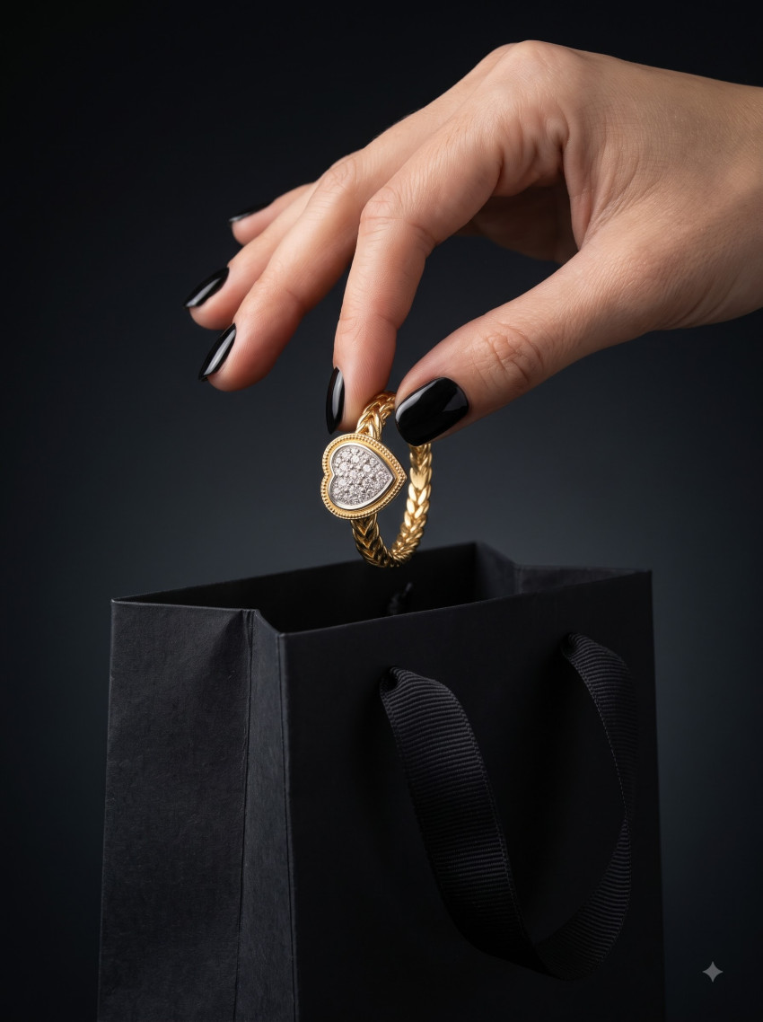 Commercial Advertising AI Product Photography Prompt Black Friday Diamond Ring Shopping Bag - Example 2
