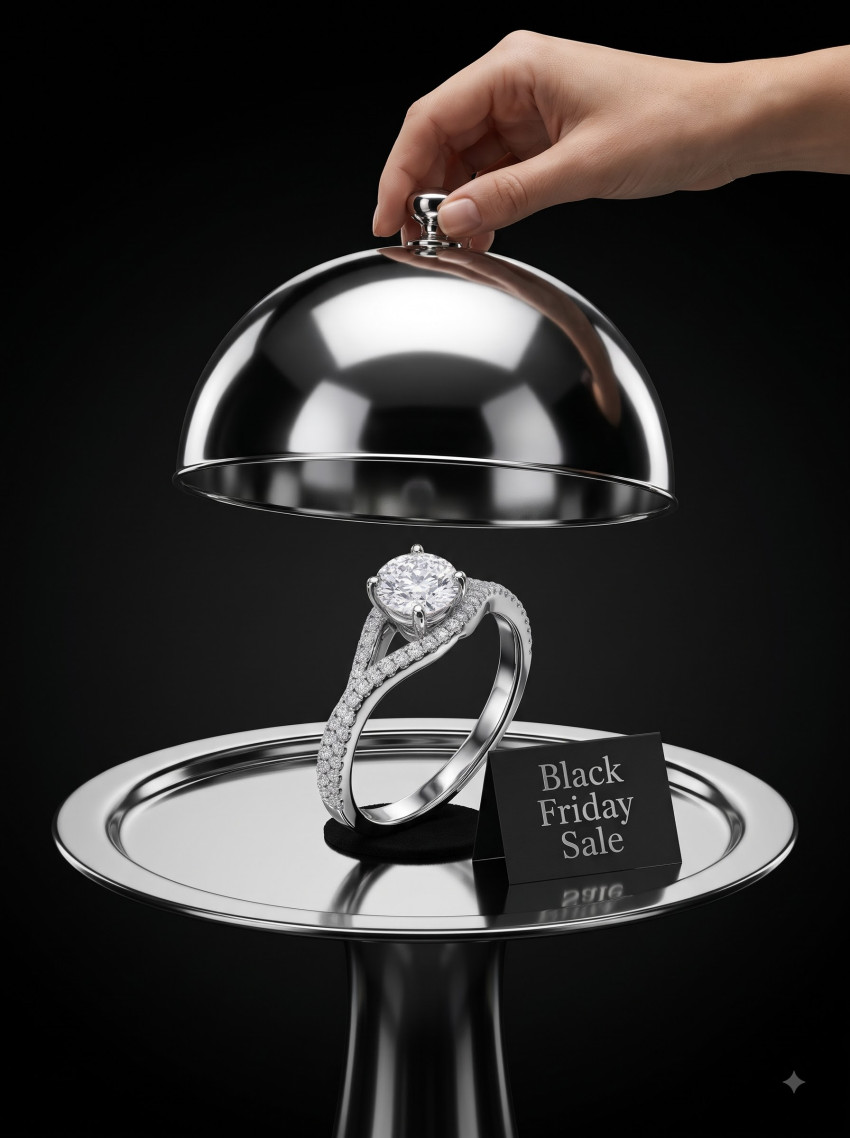 Conceptual Luxury AI Product Photography Prompt Black Friday Diamond Ring Silver Cloche - Example 1