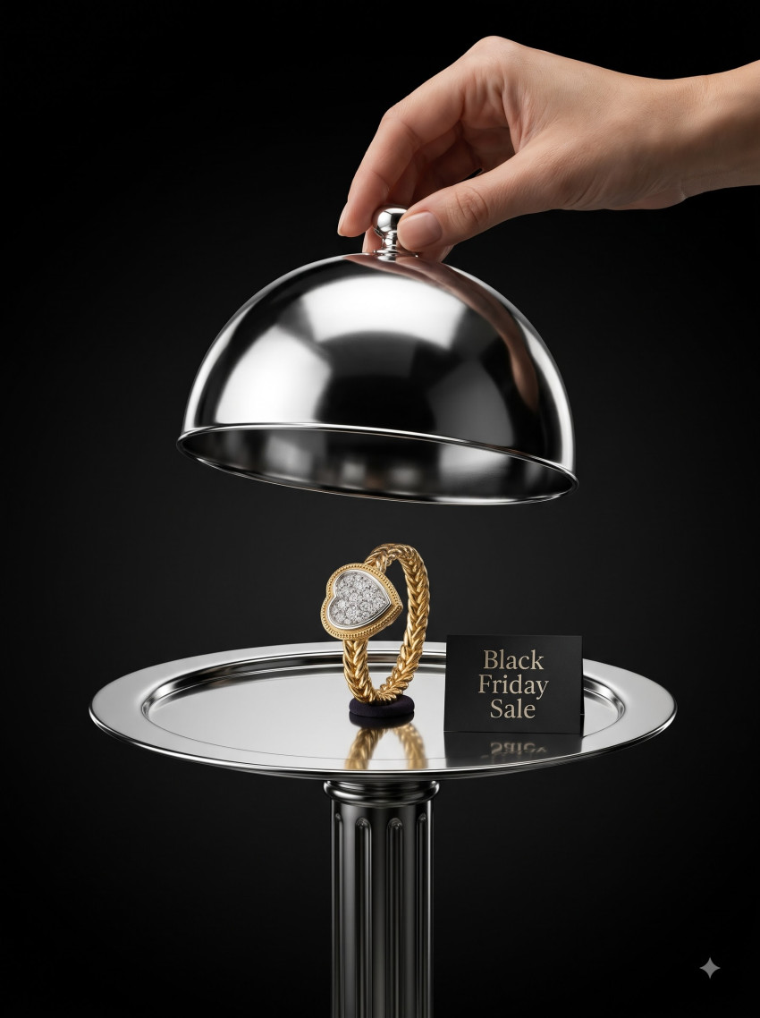 Conceptual Luxury AI Product Photography Prompt Black Friday Diamond Ring Silver Cloche - Example 2