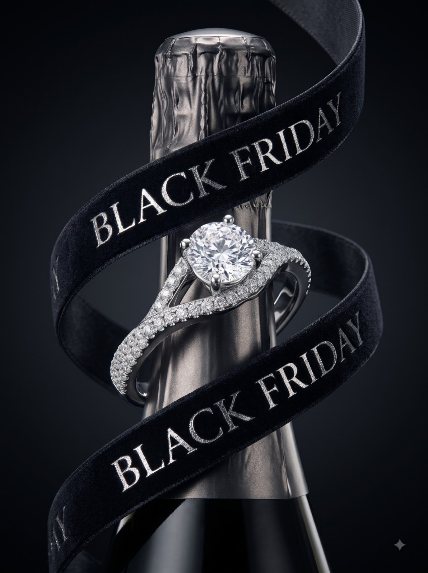 Luxury Jewelry Product Photography Prompt Rose Gold Halo Diamond Ring Champagne Bottle Black Friday - Example 1