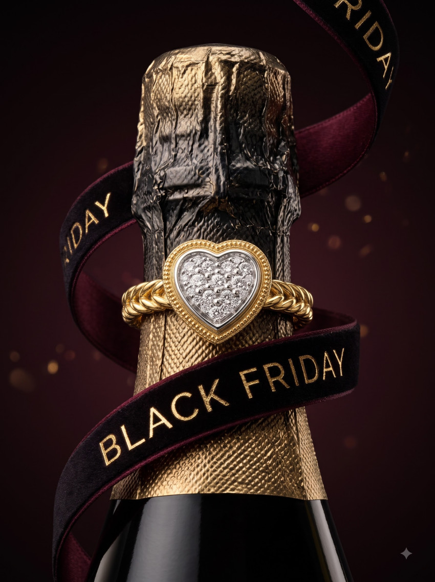 Luxury Jewelry Product Photography Prompt Rose Gold Halo Diamond Ring Champagne Bottle Black Friday - Example 2