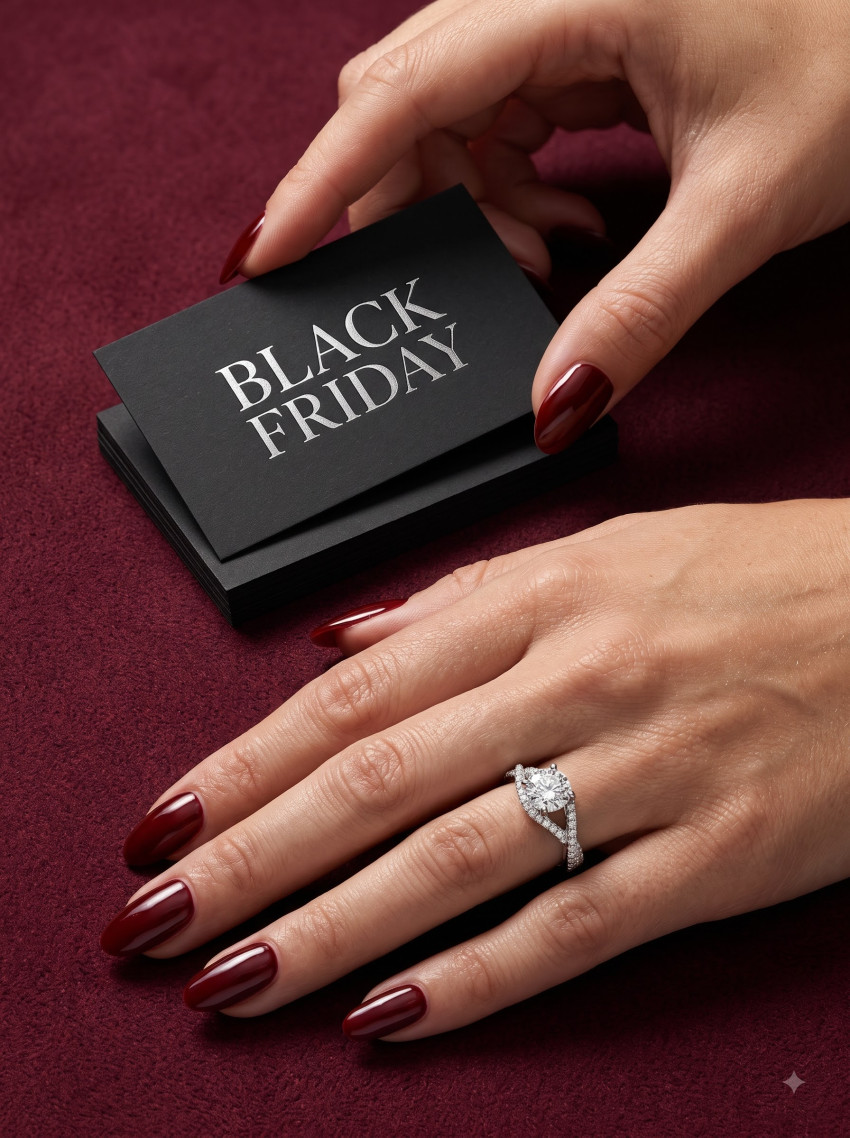 Editorial Jewelry Product Photography Prompt Model Hands Rose Gold Diamond Ring Black Friday Sale - Example 1