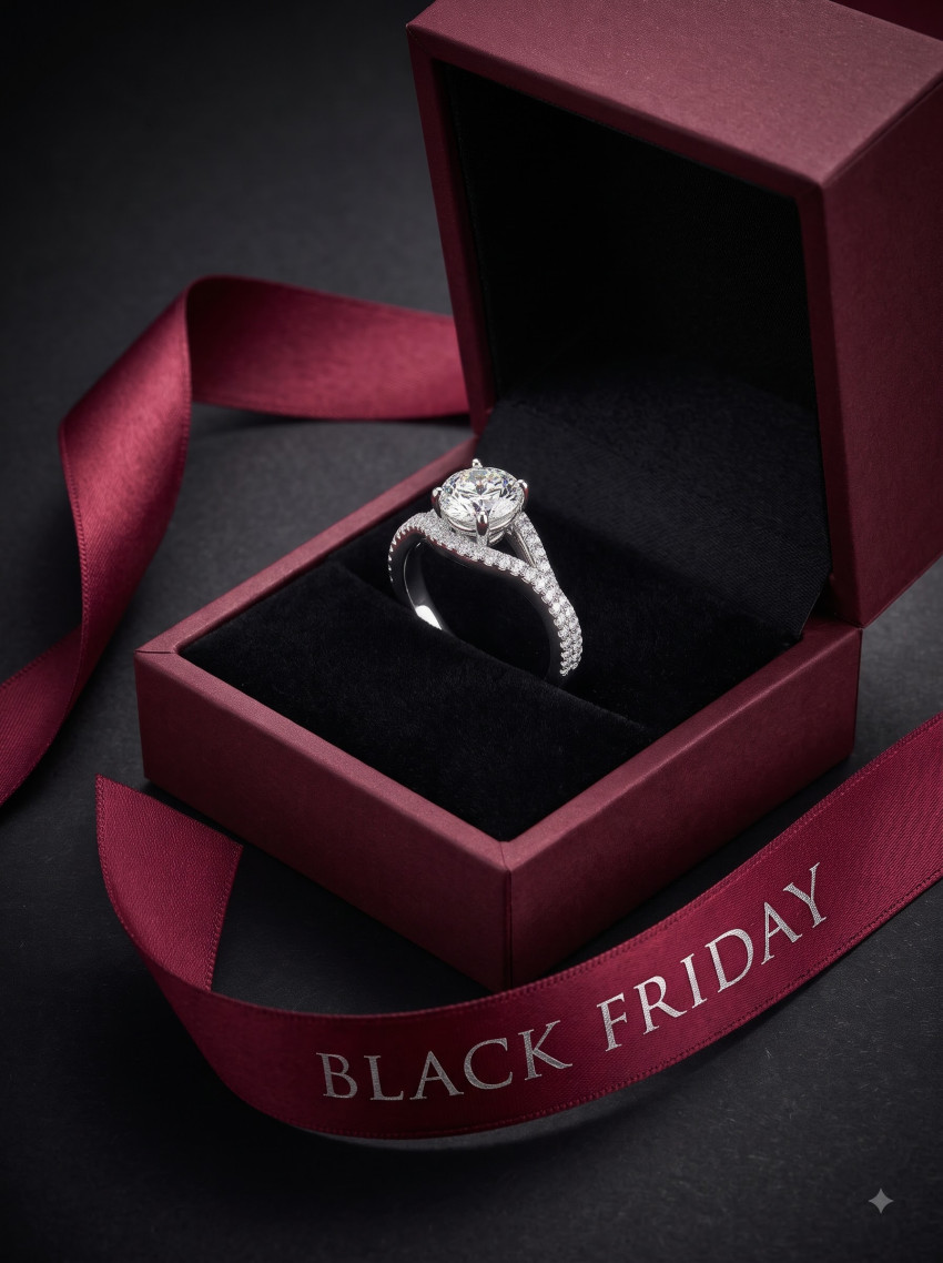 Commercial Studio Jewelry Product Photography Prompt Open Velvet Box Rose Gold Diamond Ring Black Friday - Example 1