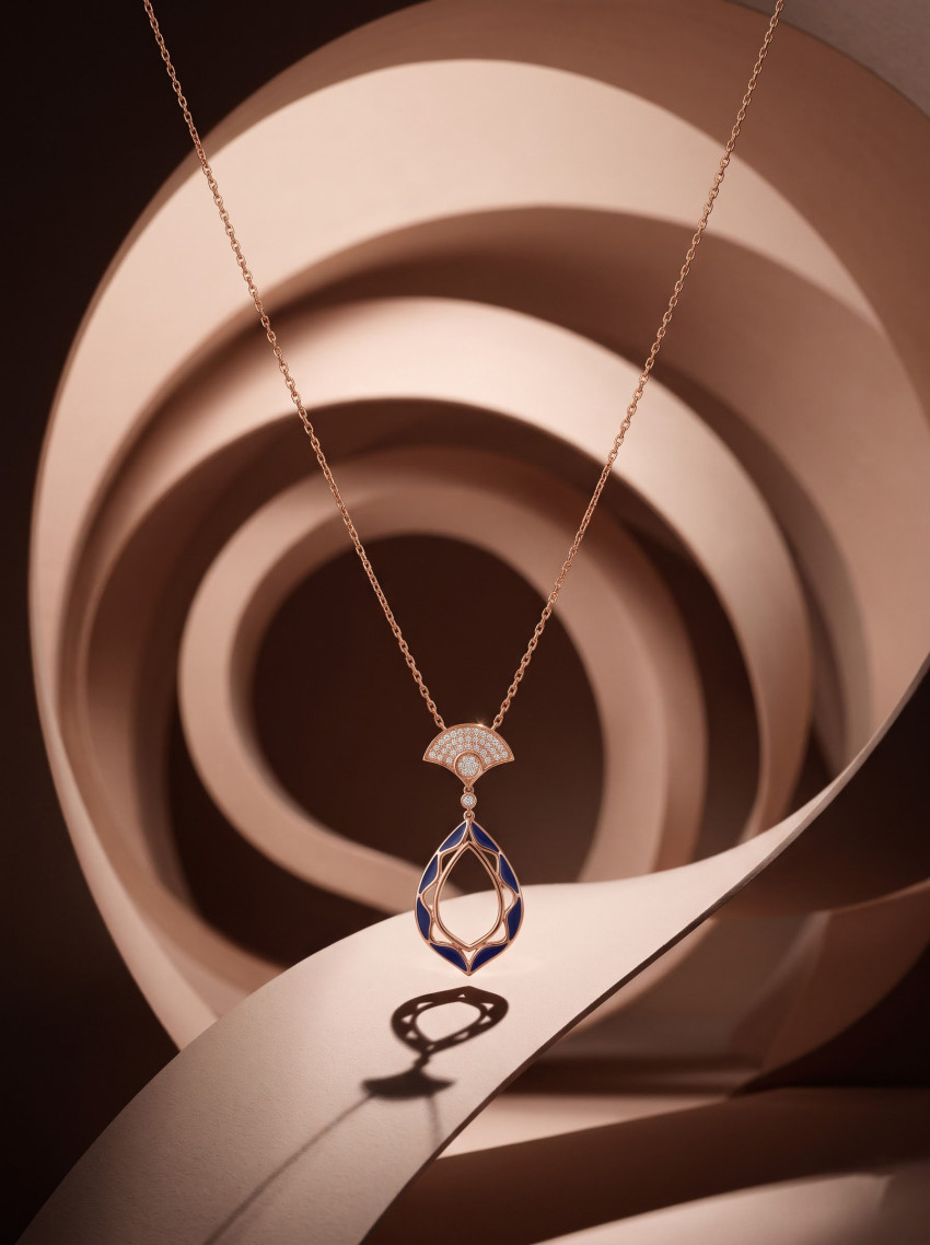 Gold Pendant Jewelry Product Photography Prompt Beige Abstract Swirls Background - Example 1
