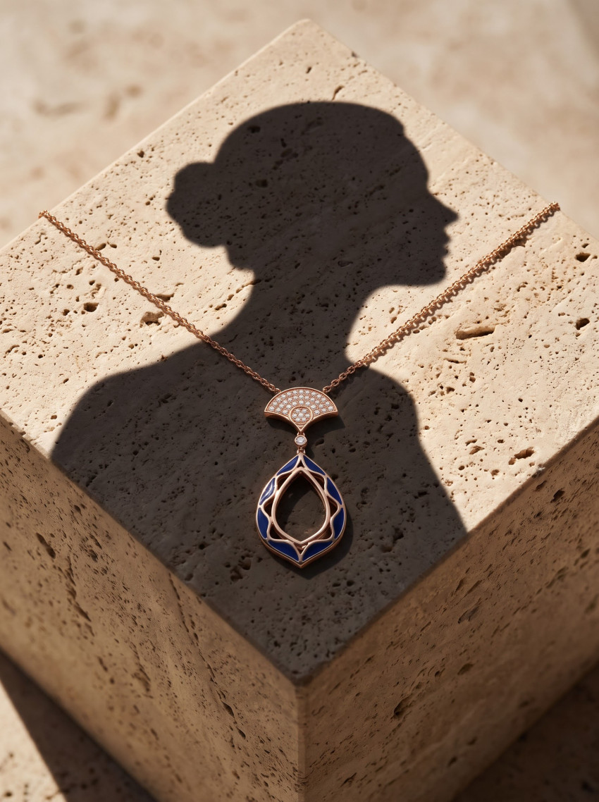 Gold Pendant on Stone with Silhouette Shadow Jewelry Photography Prompt - Example 1