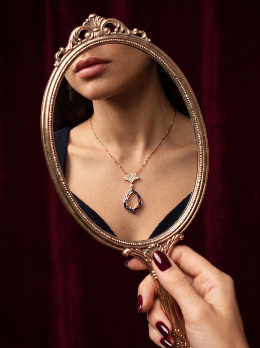 Gold Necklace Mirror Reflection Jewelry Photography Prompt - Example 1