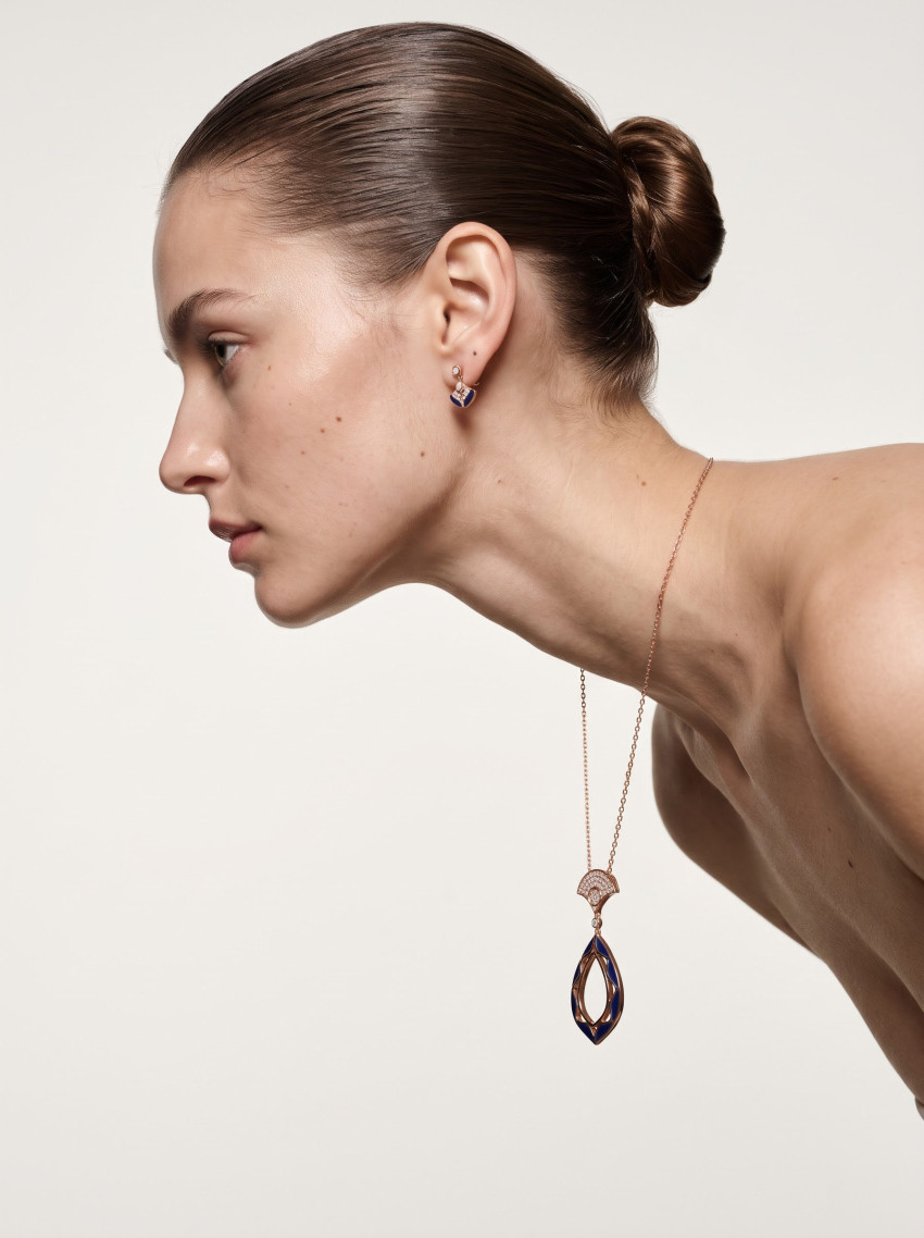 Side Profile Model with Gold Pendant Jewelry Photography Prompt - Example 1
