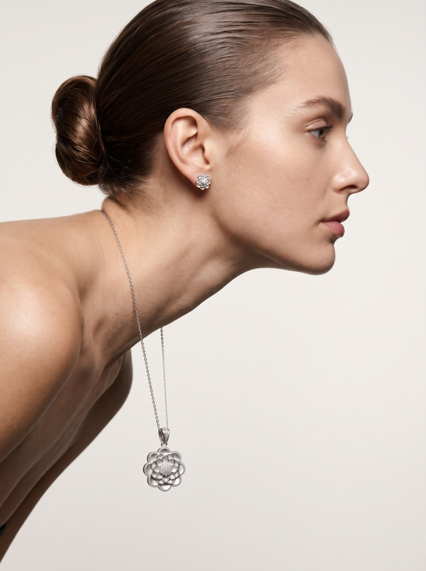 Side Profile Model with Gold Pendant Jewelry Photography Prompt - Example 2