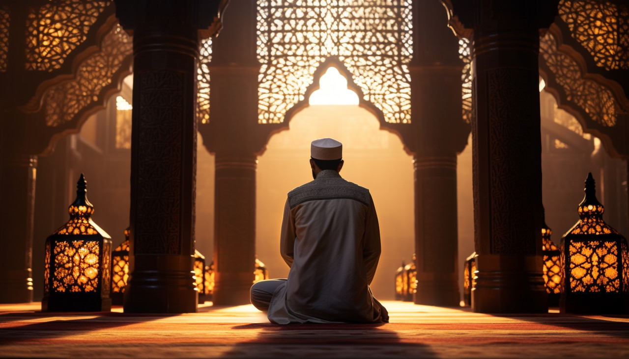 A man praying inside a beautifully structured mosque, muslim stock image, muslim ai prompt, islamic stock image