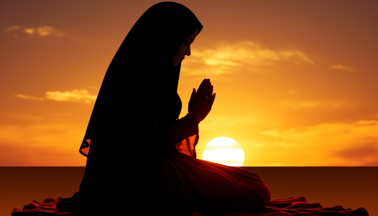 Silhouette of muslim woman praying, muslim stock image, muslim ai prompt, islamic stock image