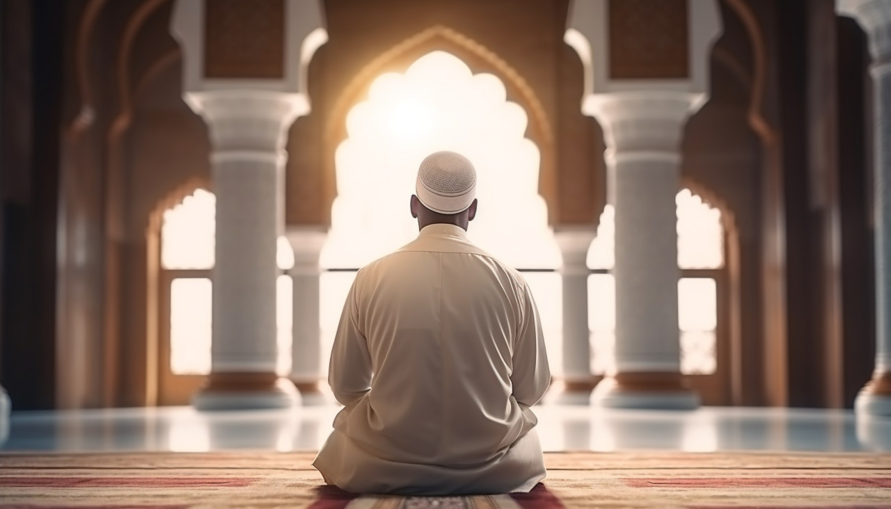 Muslim man praying in the mosque back view, muslim stock image, muslim ai prompt, islamic stock image