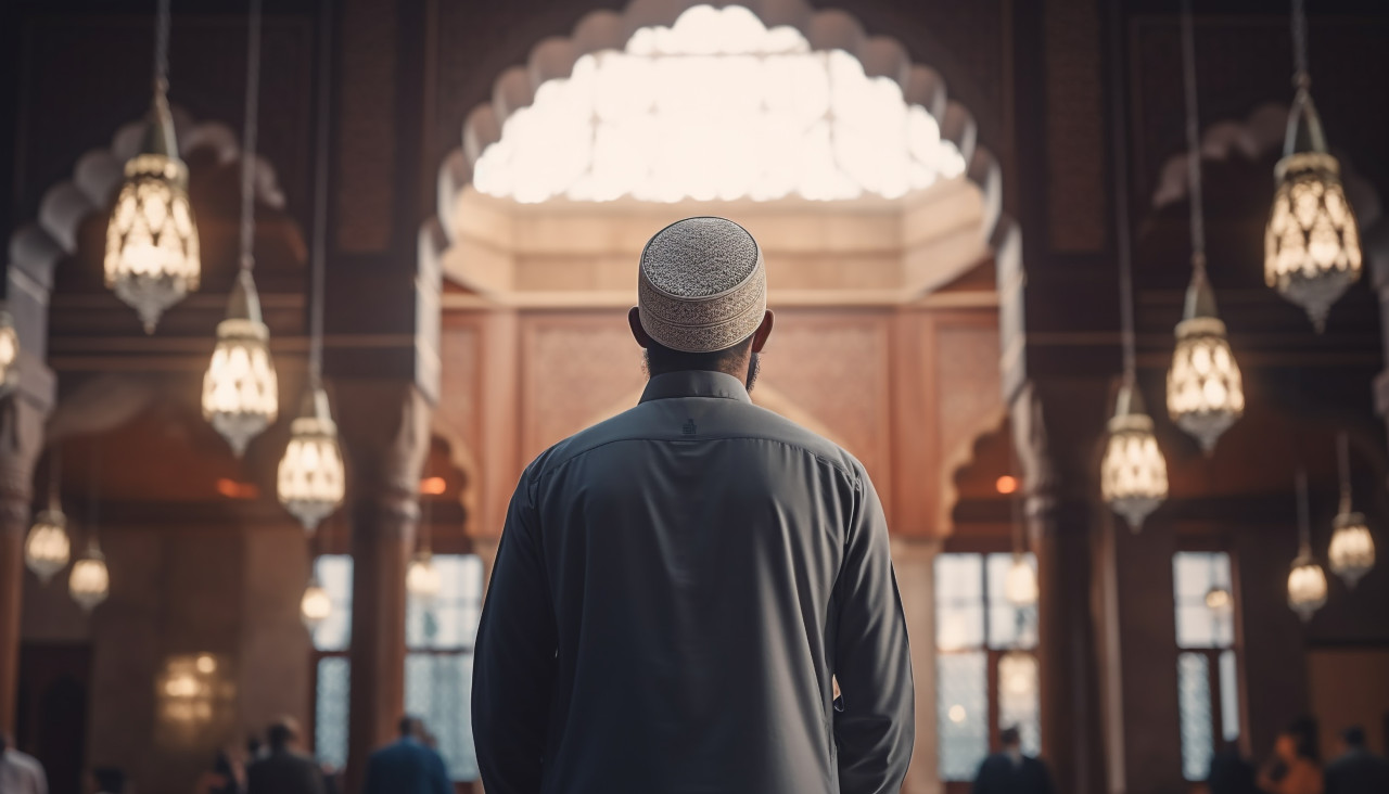 Back view of muslim man praying in mosque, muslim stock image, muslim ai prompt, islamic stock image