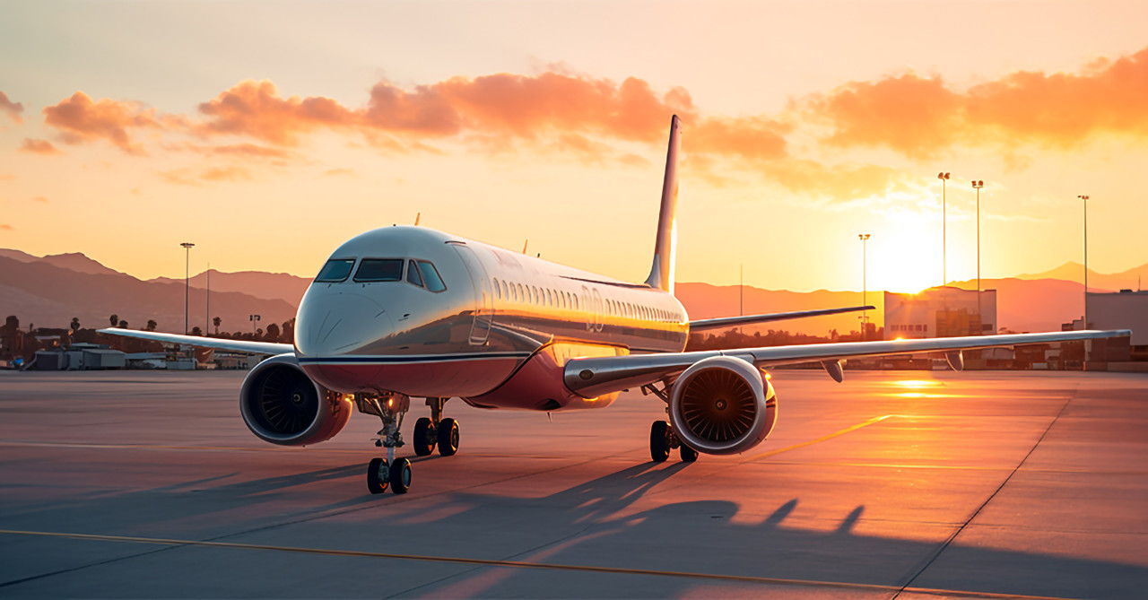 Airplane at sunset, air transportation stock images, ai prompt air transportation, airplane stock images