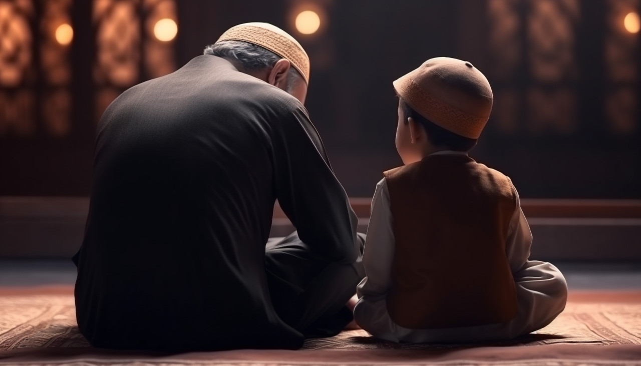 Ramadan kareem greeting father and son in mosque muslim praying man and child read quran and pray back view, muslim stock image, muslim ai prompt, islamic stock image