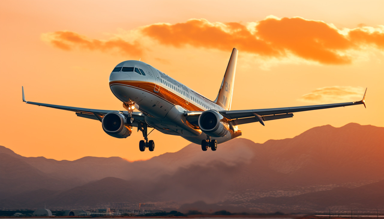 Airplane takes off into golden sunset, air transportation stock images, ai prompt air transportation, airplane stock images
