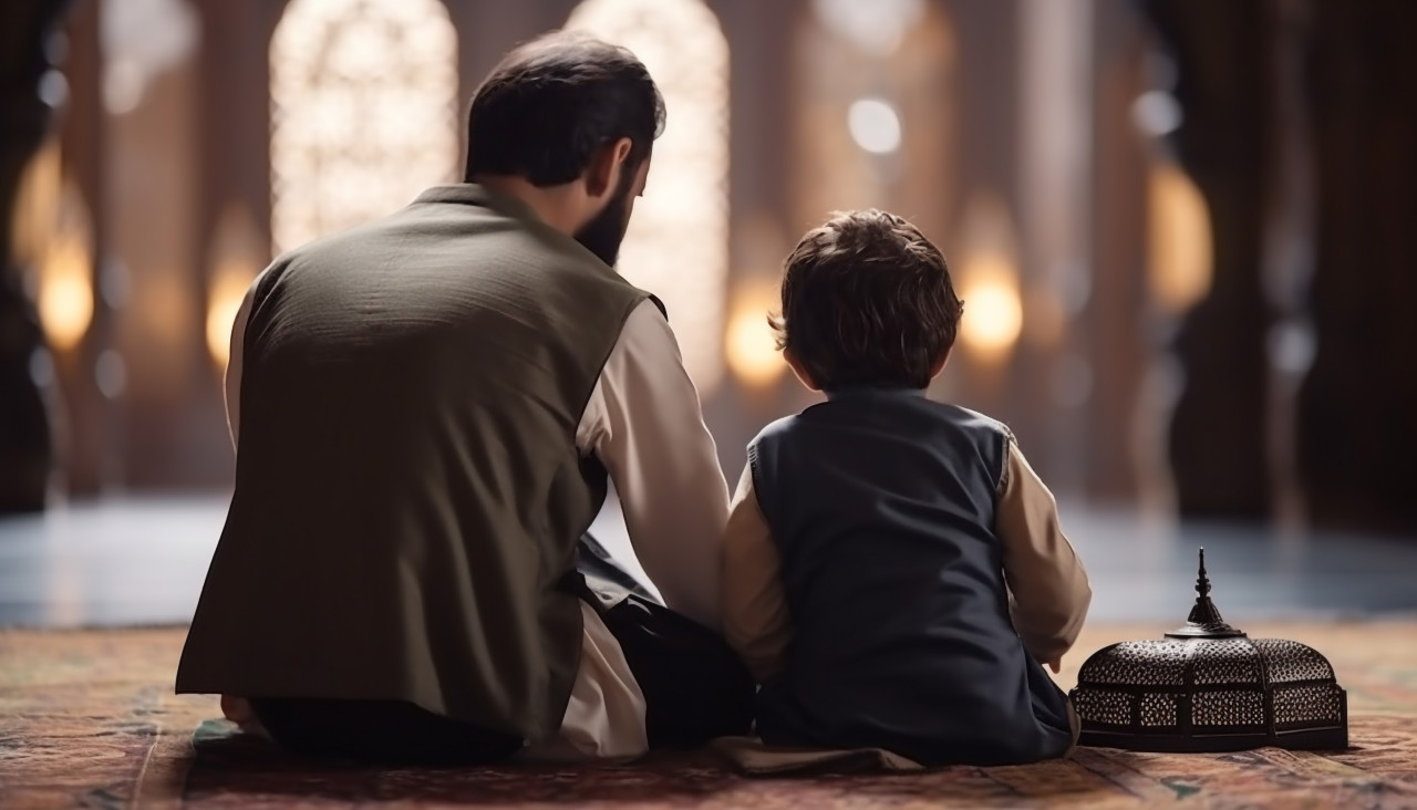 Muslim man and child reading quran and praying in back view, muslim stock image, muslim ai prompt, islamic stock image