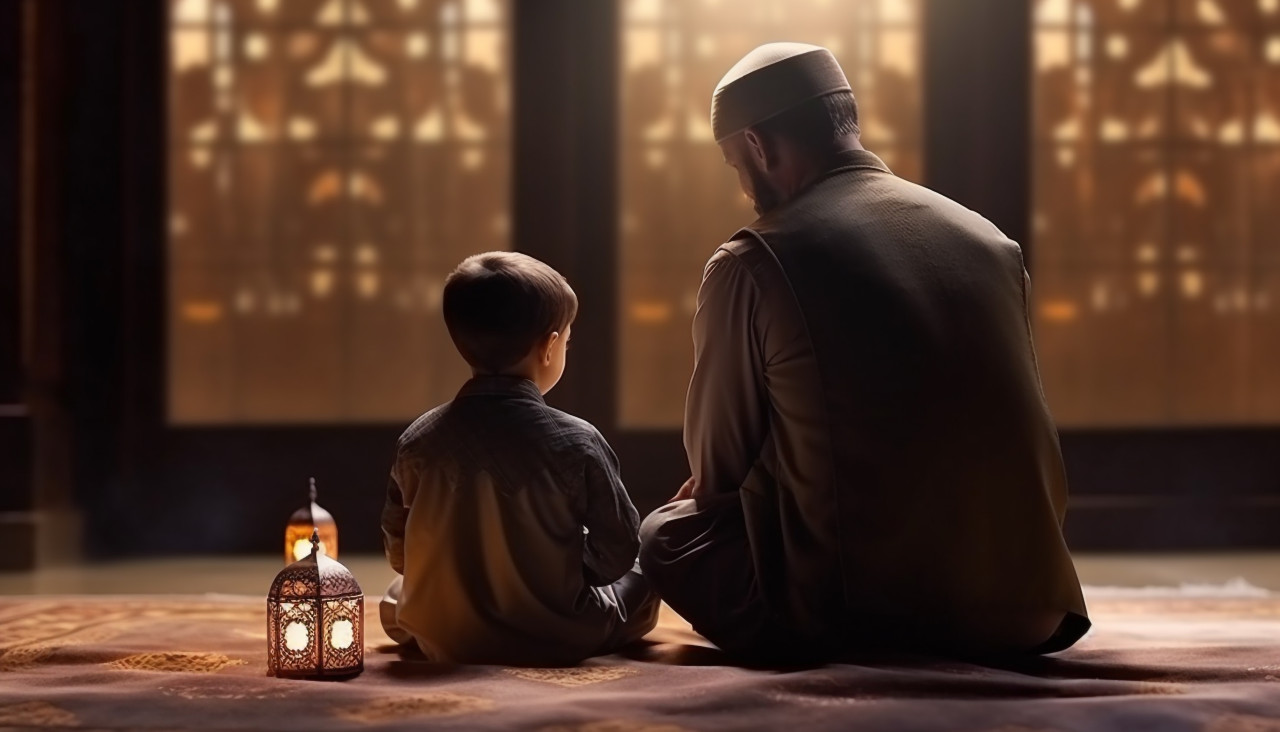 Muslim man and child praying in back view of mosque, muslim stock image, muslim ai prompt, islamic stock image