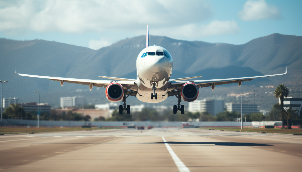Airplane taking off from the airport, air transportation stock images, ai prompt air transportation, airplane stock images