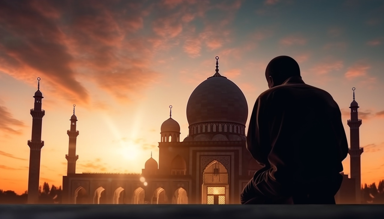Concept of religion islam silhouette of man praying on the background of a mosque at sunset, muslim stock image, muslim ai prompt, islamic stock image