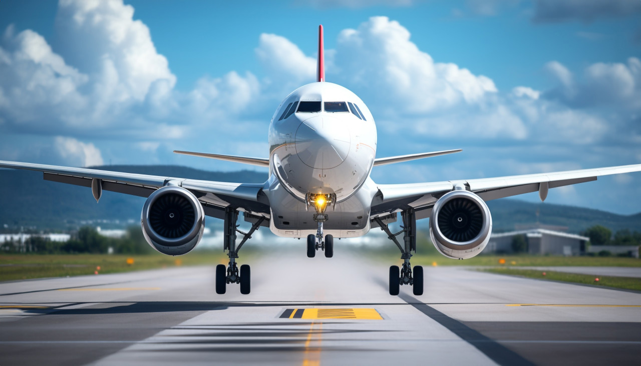 Airplane taking off from airport, air transportation stock images, ai prompt air transportation, airplane stock images