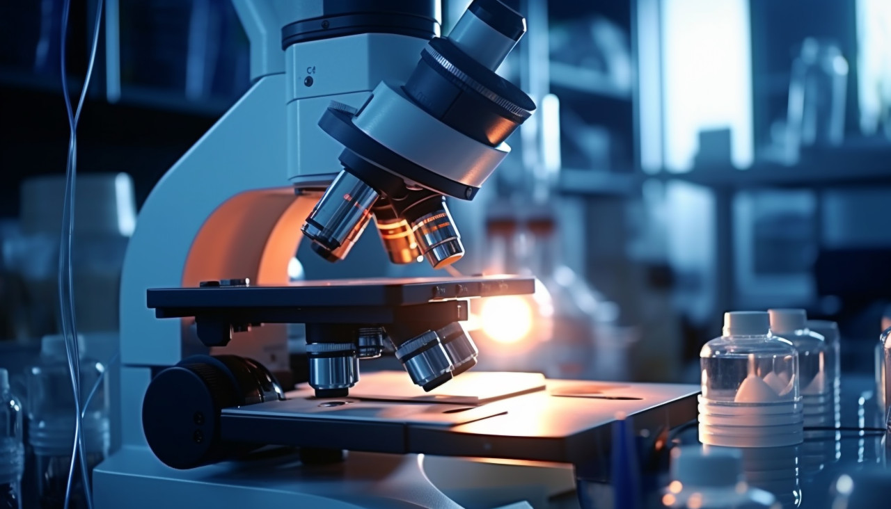 Biology lab test with microscope, healthcare stock images, life sciences stock images, ai stock images