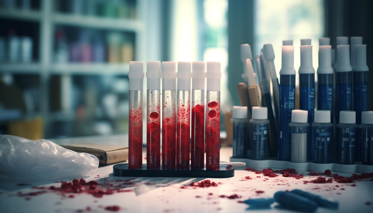 Blood test tubes on laboratory desk, healthcare stock images, life sciences stock images, ai stock images