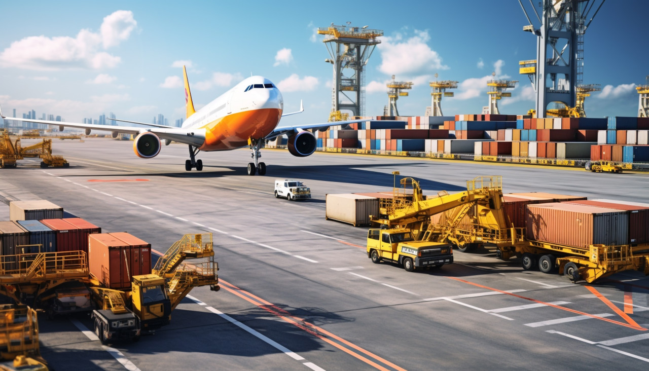 Industrial port and container yard flying airplane, air transportation stock images, ai prompt air transportation, airplane stock images