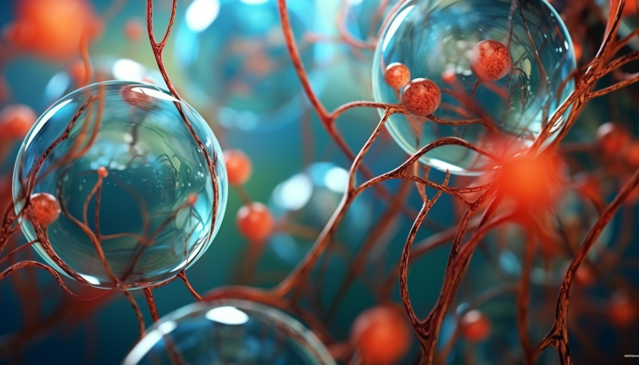 Human cell or embryonic stem cell microscope background, healthcare stock images, life sciences stock images, ai stock images